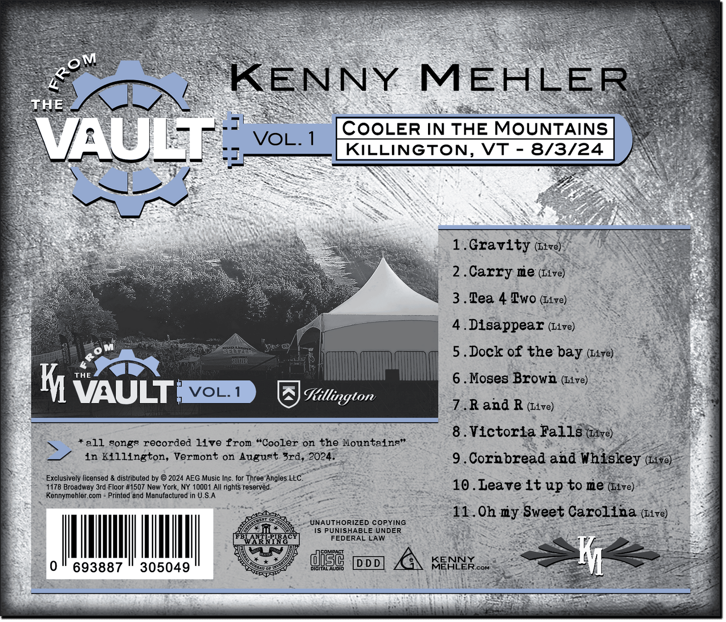 Back cover of a music album featuring Kenny Mehler with event details and tracklist.
