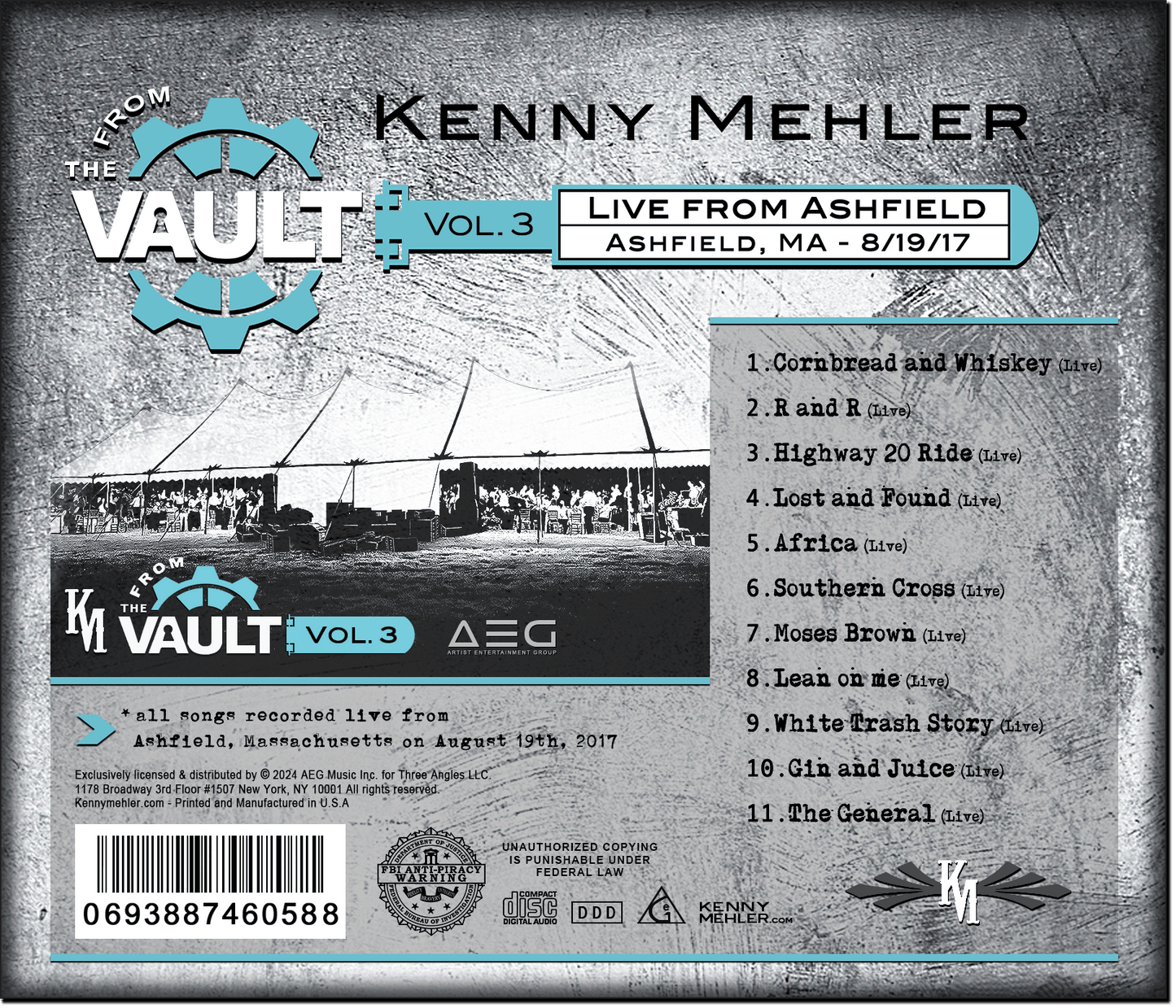 Kenny Mehler's 'From the Vault Vol. 3' album cover with tracklist and live performance details.
