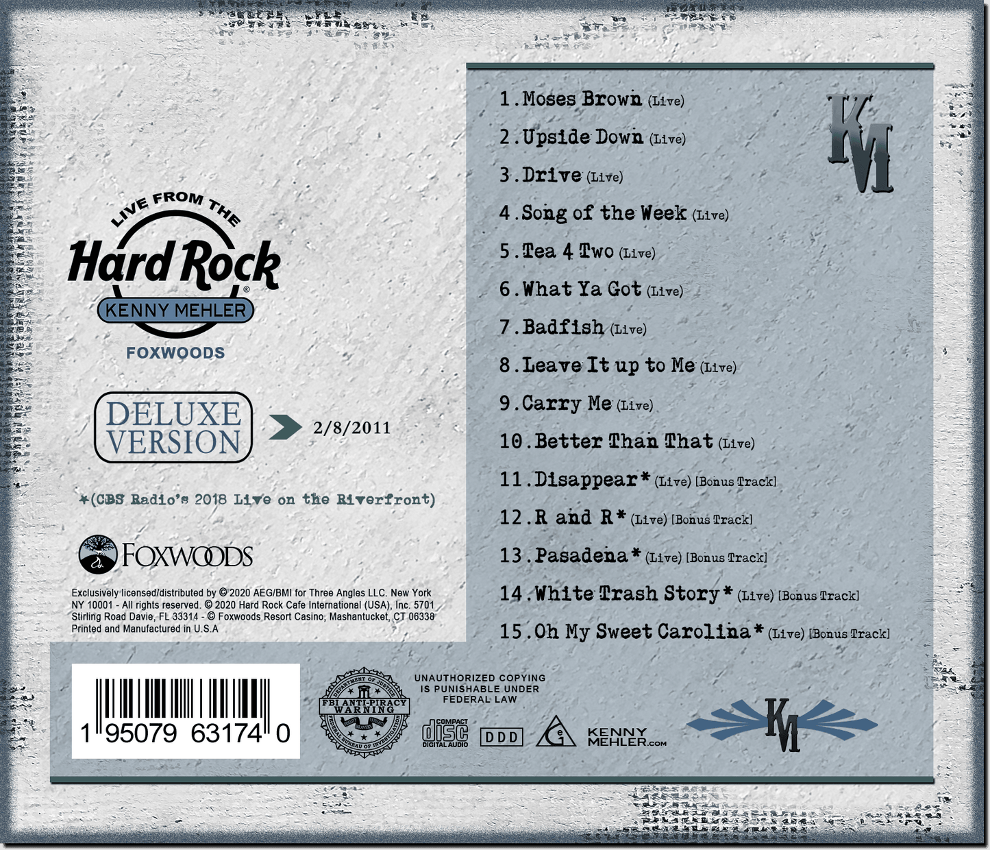 Back cover of Kenny Mehler - Live from the Hard Rock album with track list and branding
