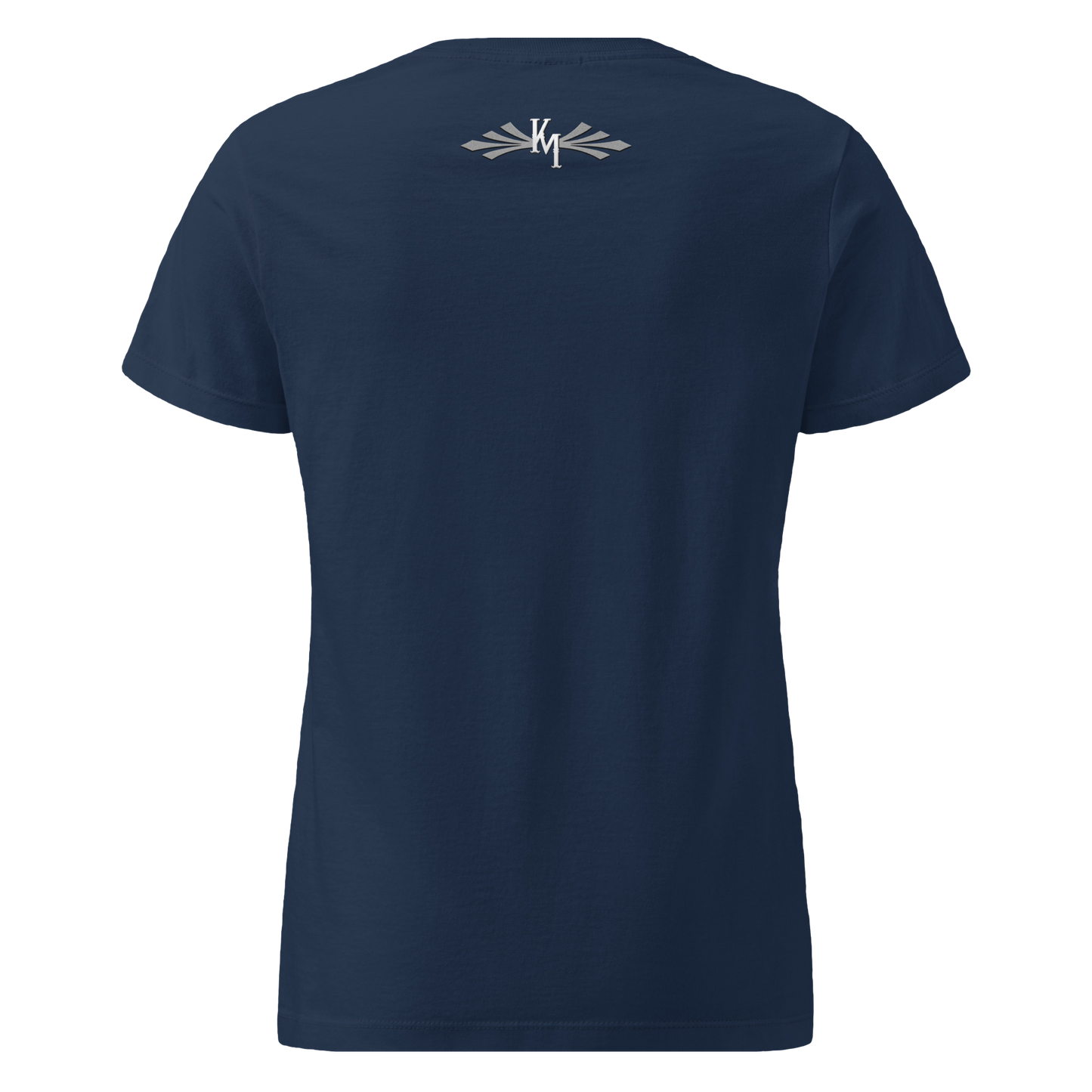 Navy blue t-shirt with a logo on the back against a white background