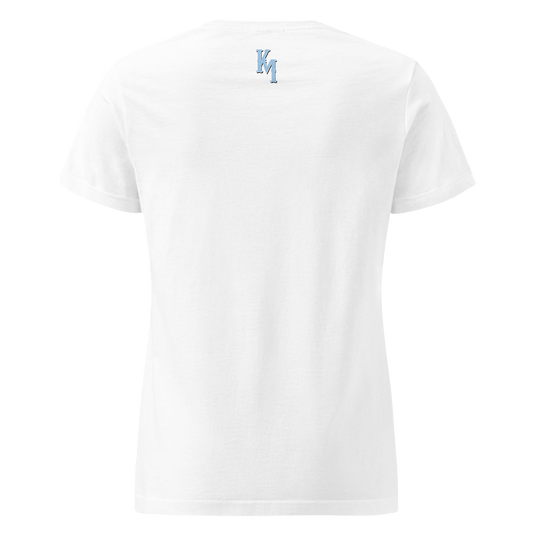 White t-shirt reverse with 'kenny mehler KM' logo on a white background