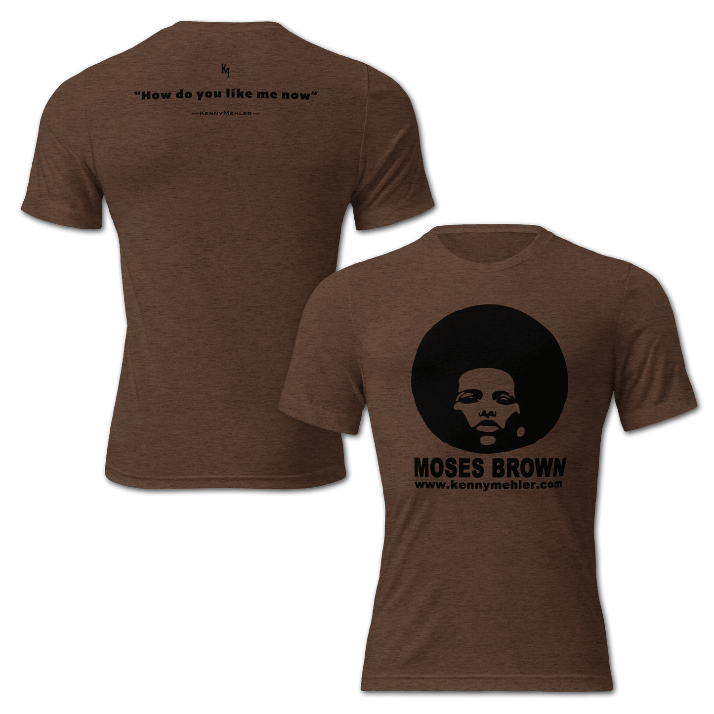 Brown t-shirt with black text and graphics on a transparent background