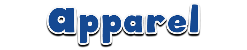 The word 'apparel' in blue and white on a white background
