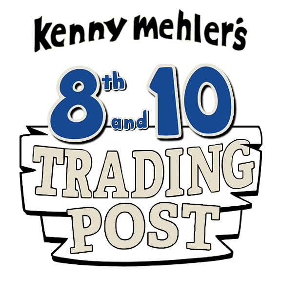 Logo for 'kenny mehler's 8th and 10 Trading Post' with blue and beige text on a white background.