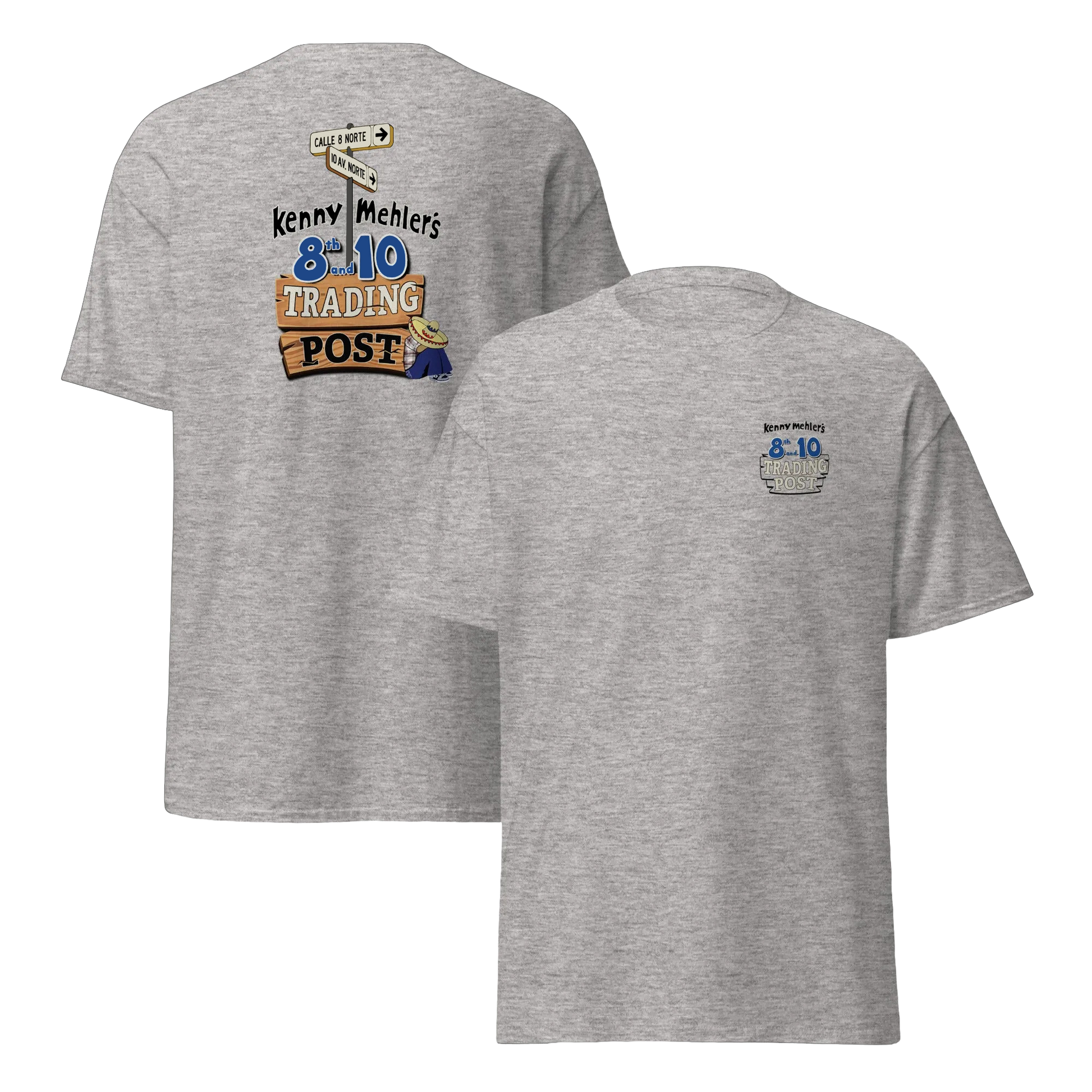 Gray t-shirt with branding and text on a white background