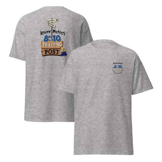 Gray t-shirt with branding and text on a white background