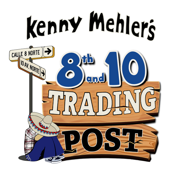 Logo for Kenny Mehler's 8th and 10 Trading Post with wooden sign and cowboy hat illustration.