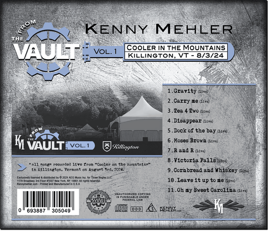 Back cover of a music album featuring Kenny Mehler with event details and tracklist.