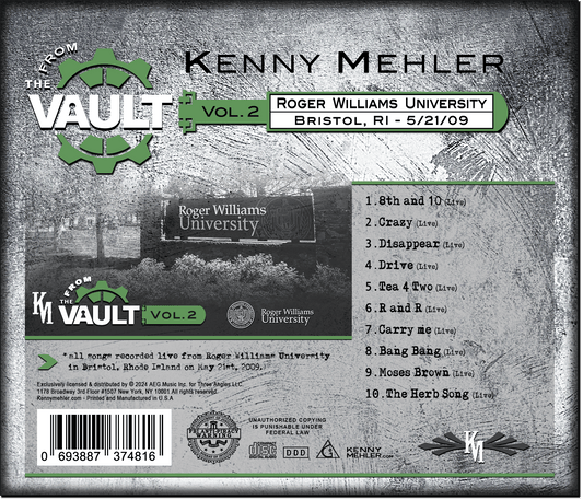 Back cover of a music album featuring Kenny Mehler with event details and tracklist.