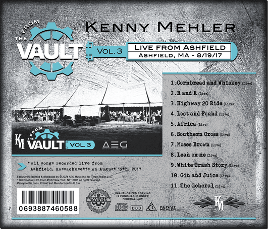 Kenny Mehler's 'From the Vault Vol. 3' album cover with tracklist and live performance details.