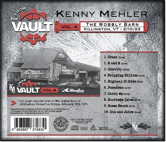 Back cover of a music album featuring Kenny Mehler's performance at The Wobbly Barn in Killington, VT.