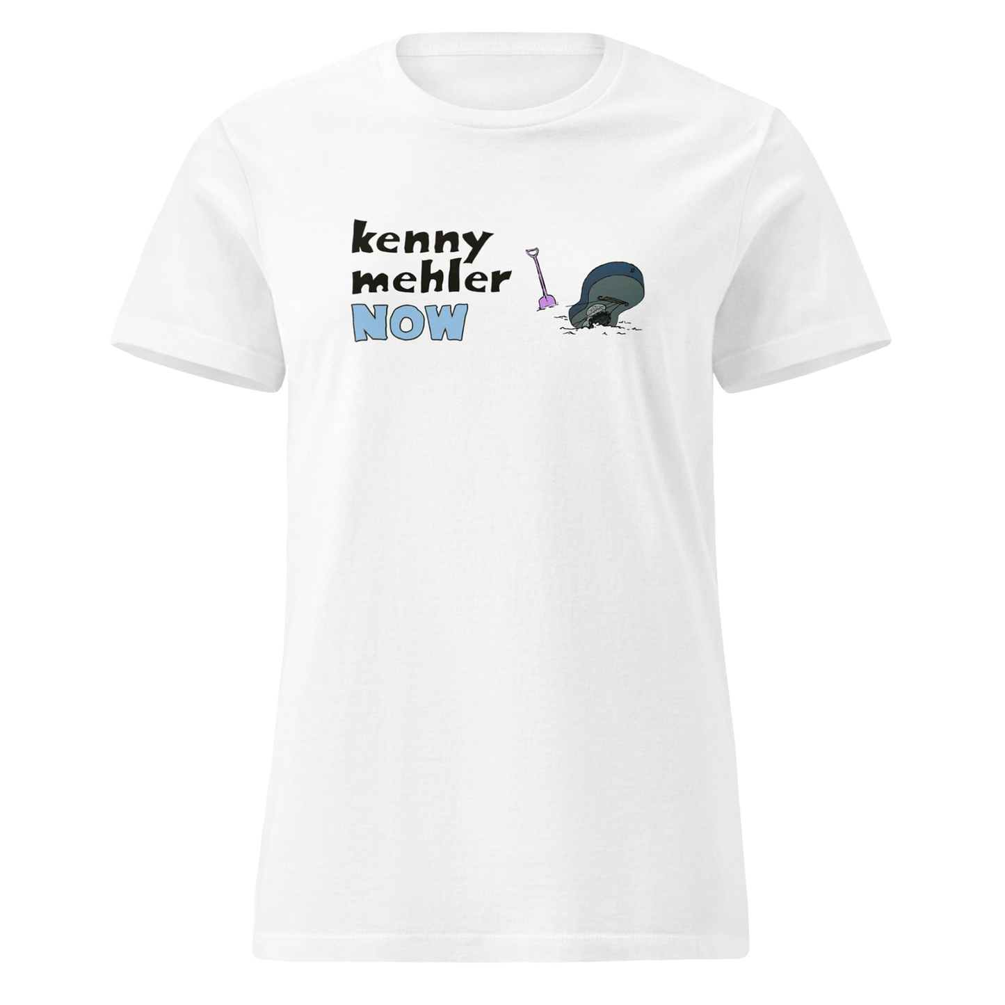 White t-shirt with 'kenny mehler NOW' text and graphic on a white background