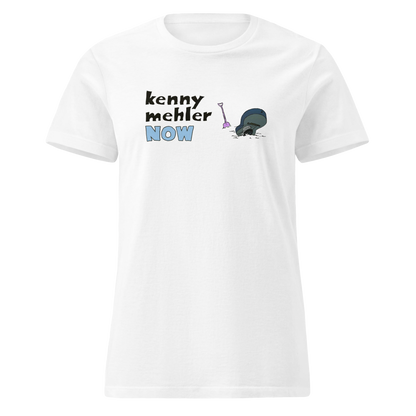White t-shirt with 'kenny mehler NOW' text and graphic on a white background