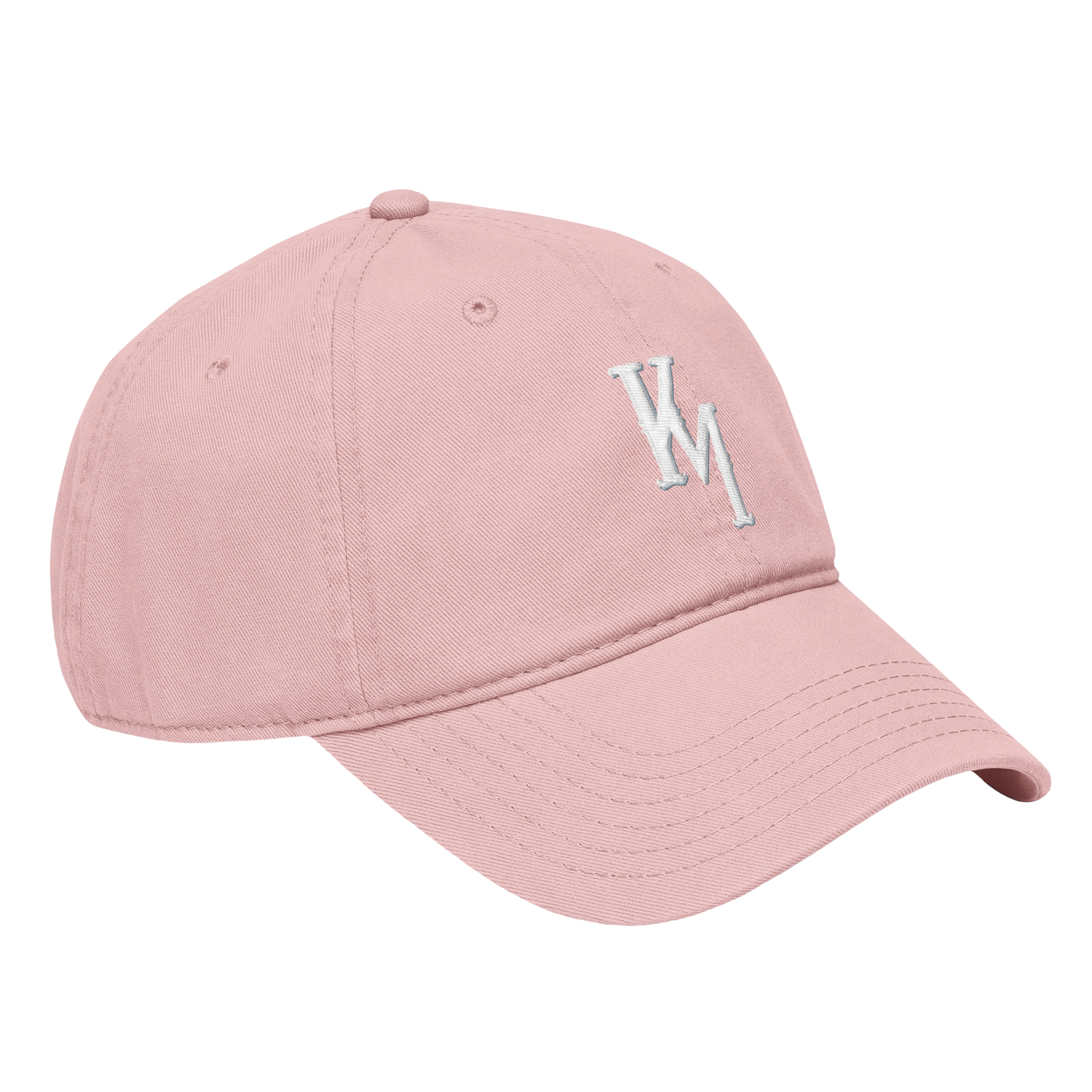 Pink baseball cap with a logo on a white background