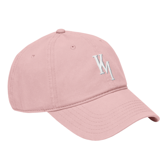 Pink baseball cap with a logo on a white background