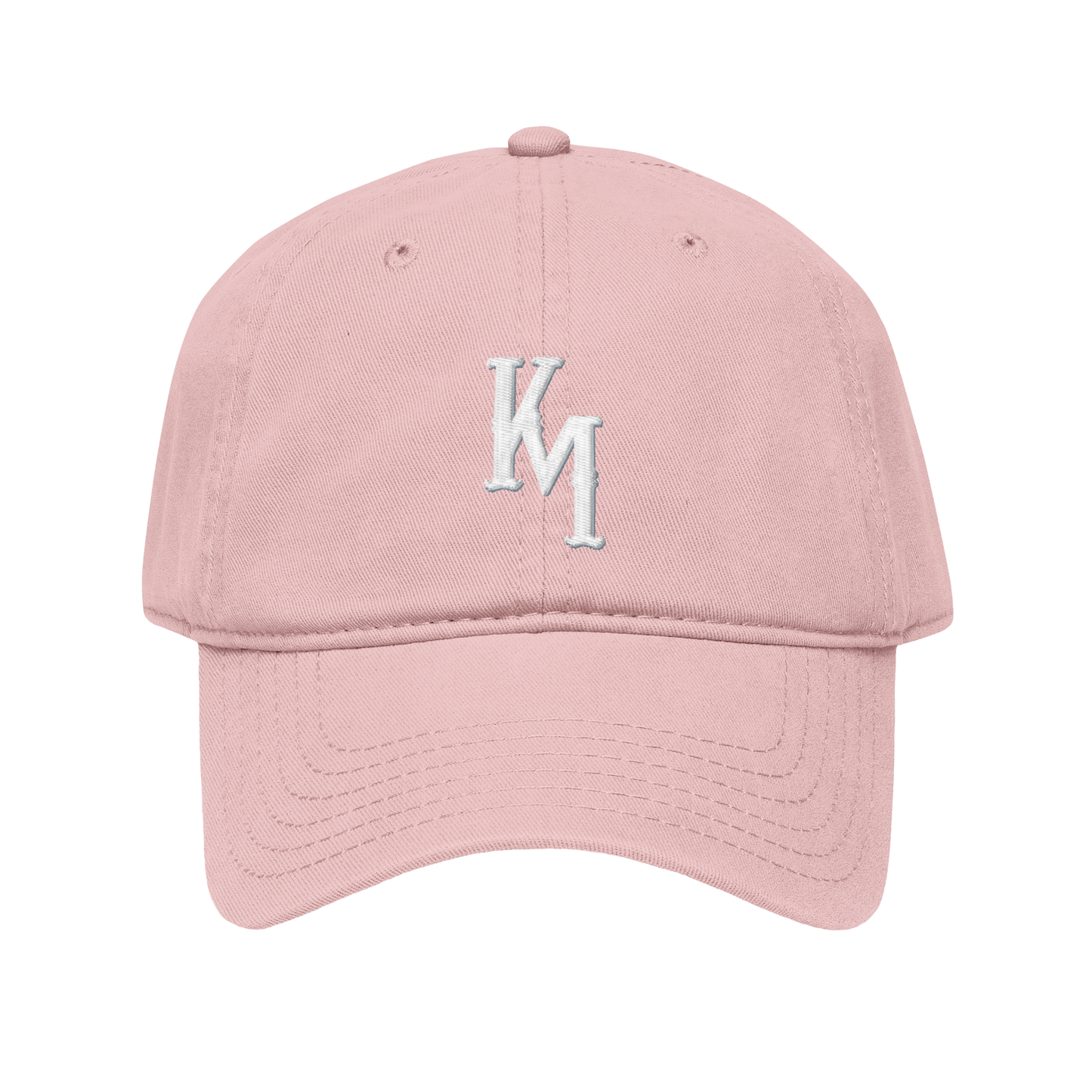 Pink cap with white logo on a white background