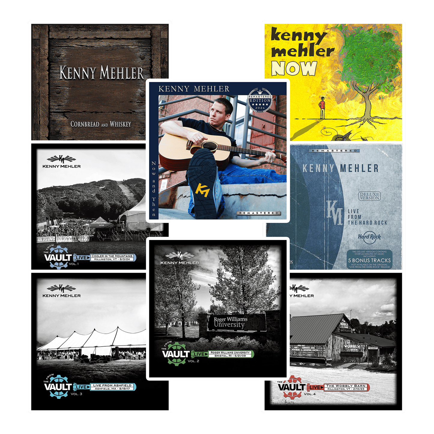 Collage of Kenny Mehler album covers and promotional images on a green background
