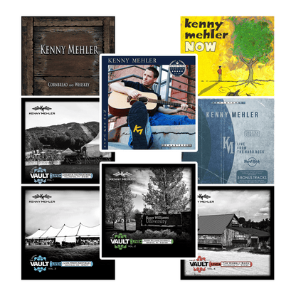 Collage of Kenny Mehler album covers and promotional images on a green background