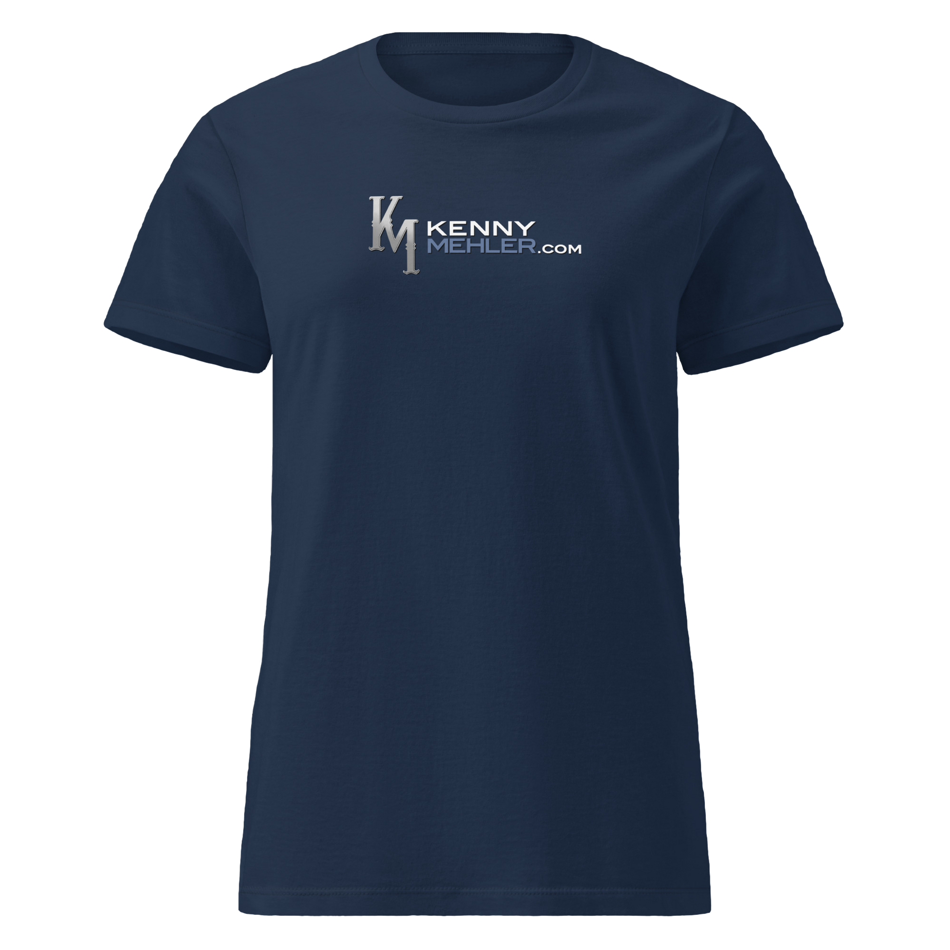 Navy blue t-shirt with a logo and text on a white background