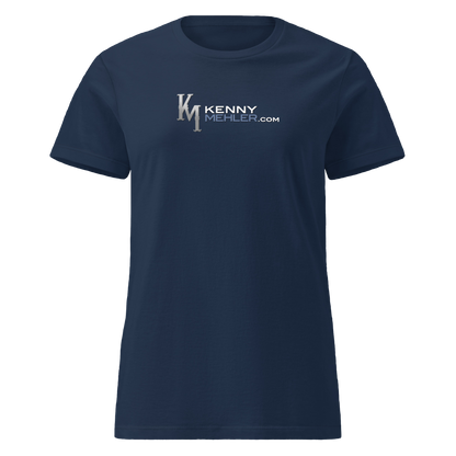Navy blue t-shirt with a logo and text on a white background