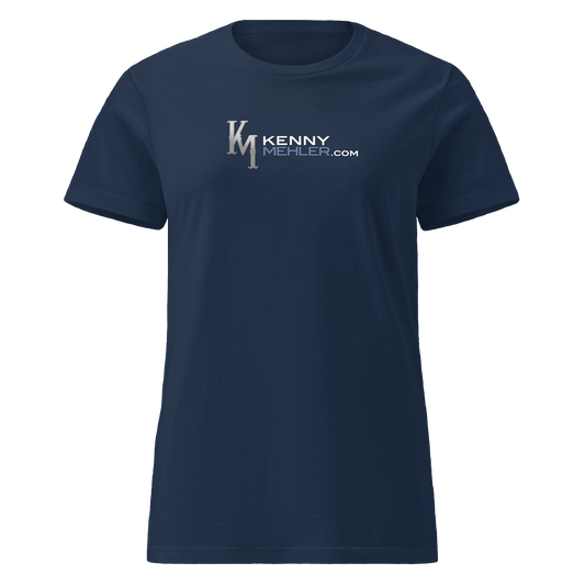 Navy blue t-shirt with a logo and text on a white background