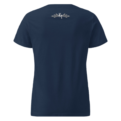 Navy blue t-shirt with a logo on the back against a white background