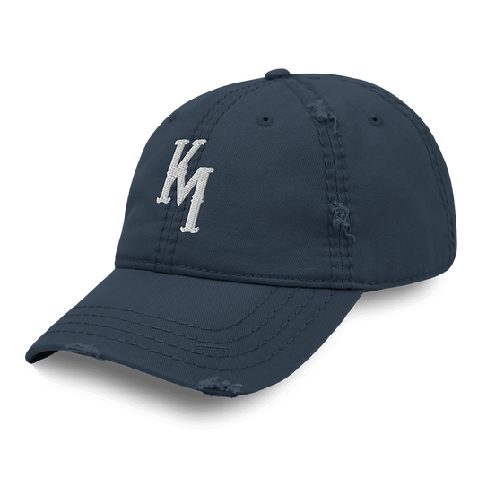 Navy blue cap with white logo on a transparent background