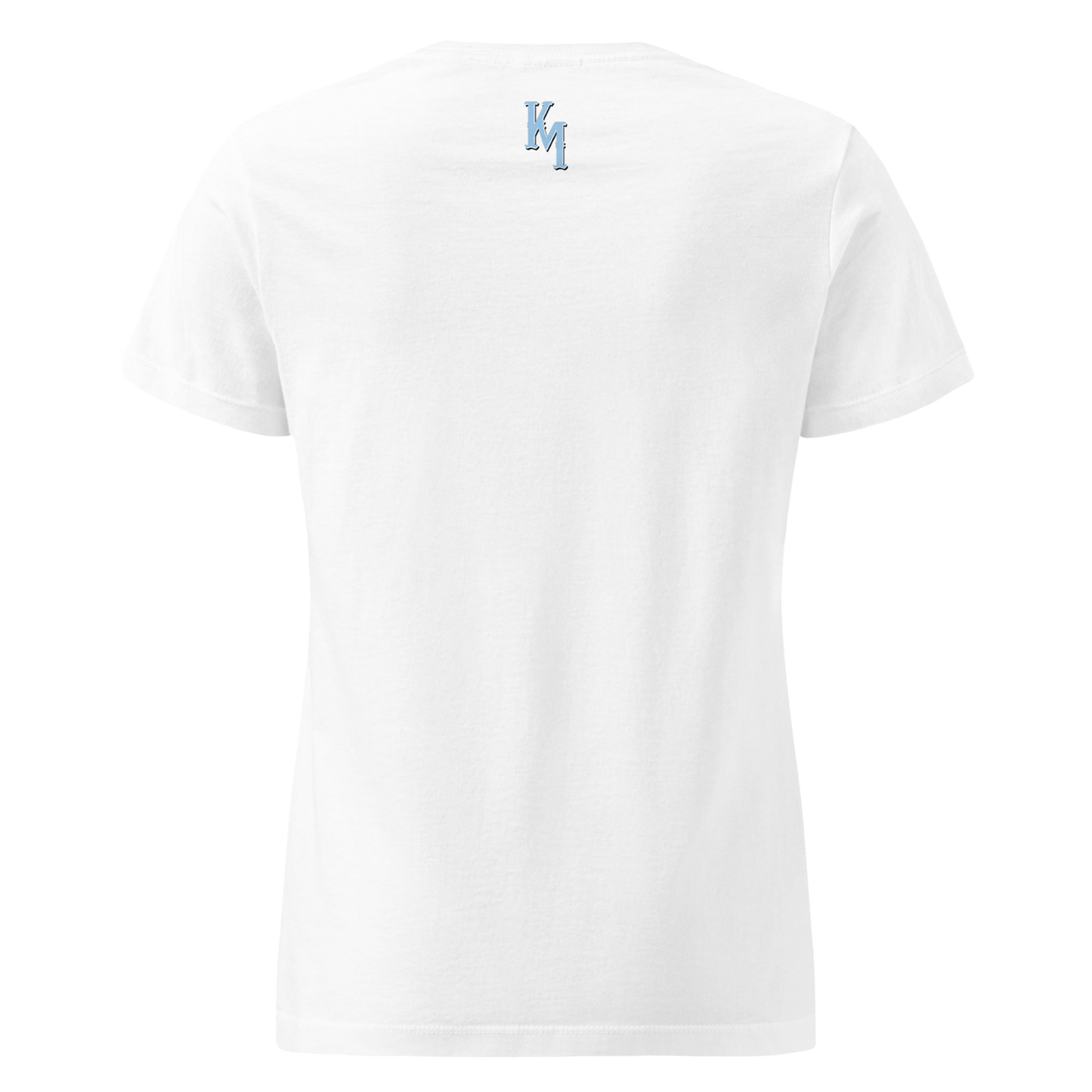 White t-shirt reverse with 'kenny mehler KM' logo on a white background