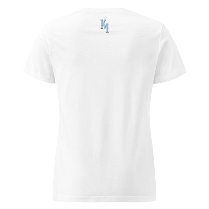 White t-shirt reverse with 'kenny mehler KM' logo on a white background