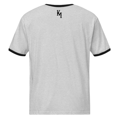Gray t-shirt with black trim on a white background
