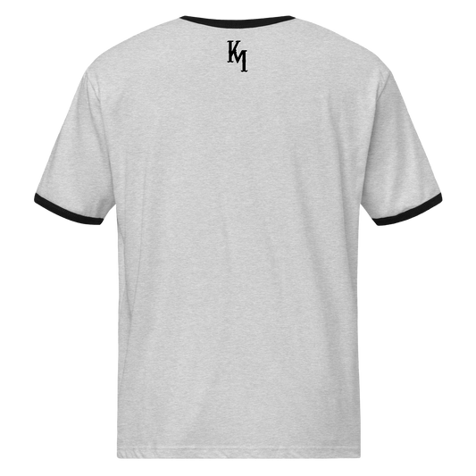 Gray t-shirt with black trim on a white background