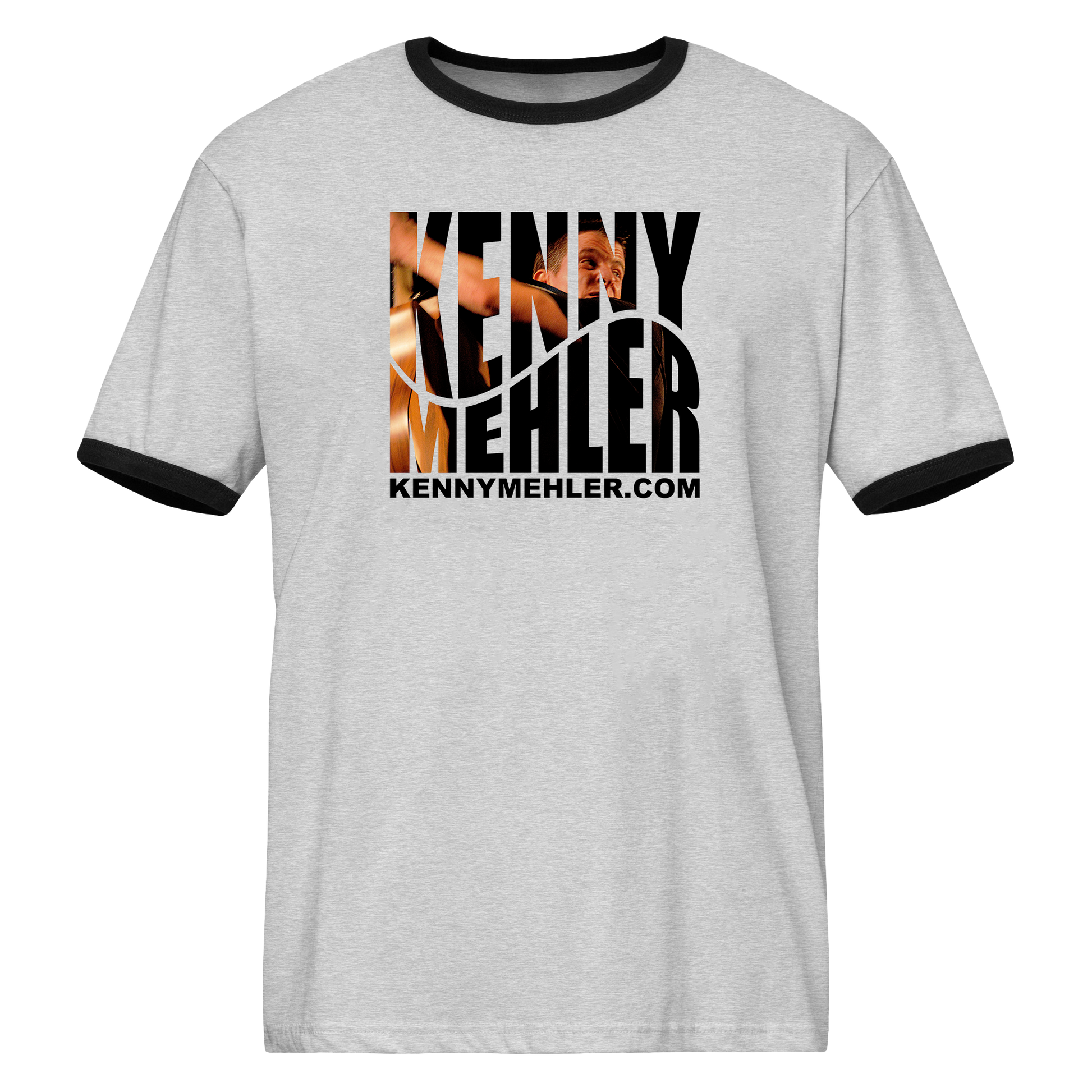 Gray t-shirt with black trim featuring a graphic and text on a white background