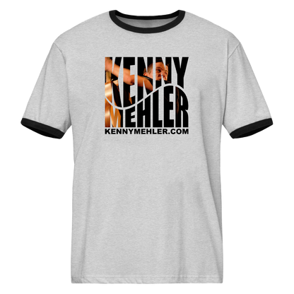 Gray t-shirt with black trim featuring a graphic and text on a white background