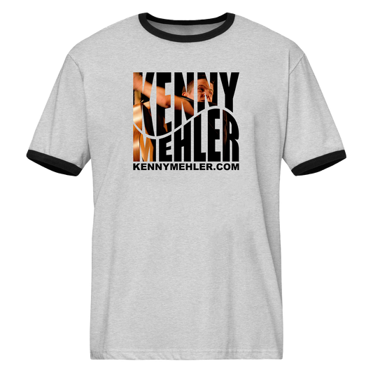 Gray t-shirt with black trim featuring a graphic and text on a white background