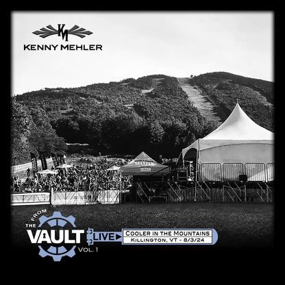 Black and white event photo with tents and people, featuring Kenny Mehler branding.