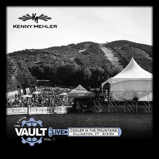 Black and white event photo with tents and people, featuring Kenny Mehler branding.