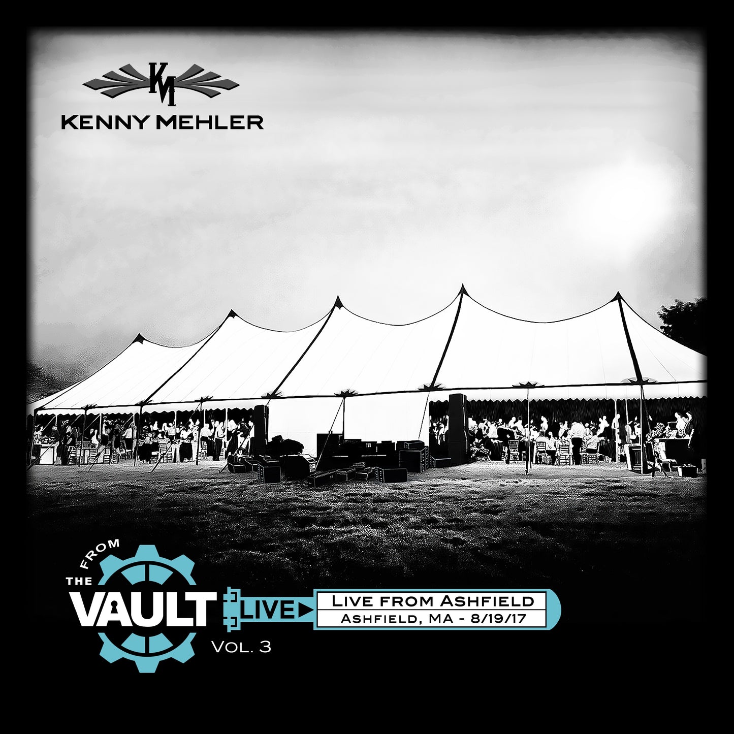 Black and white image of a large tent with people inside, featuring Kenny Mehler branding.