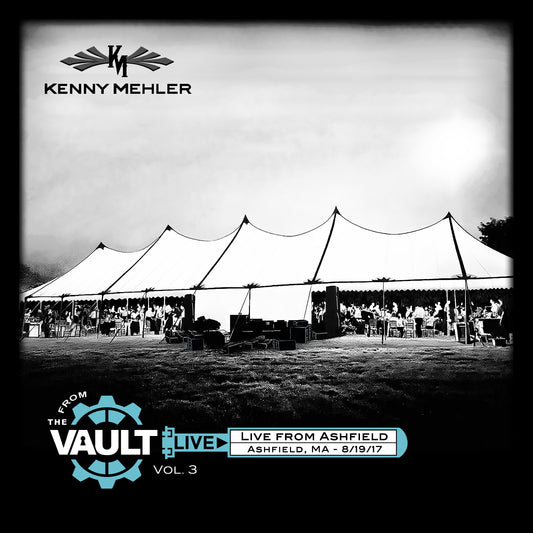 Black and white image of a large tent with people inside, featuring Kenny Mehler branding.