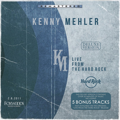 Album cover for Kenny Mehler's 'Live from the Hard Rock' with text and branding elements.