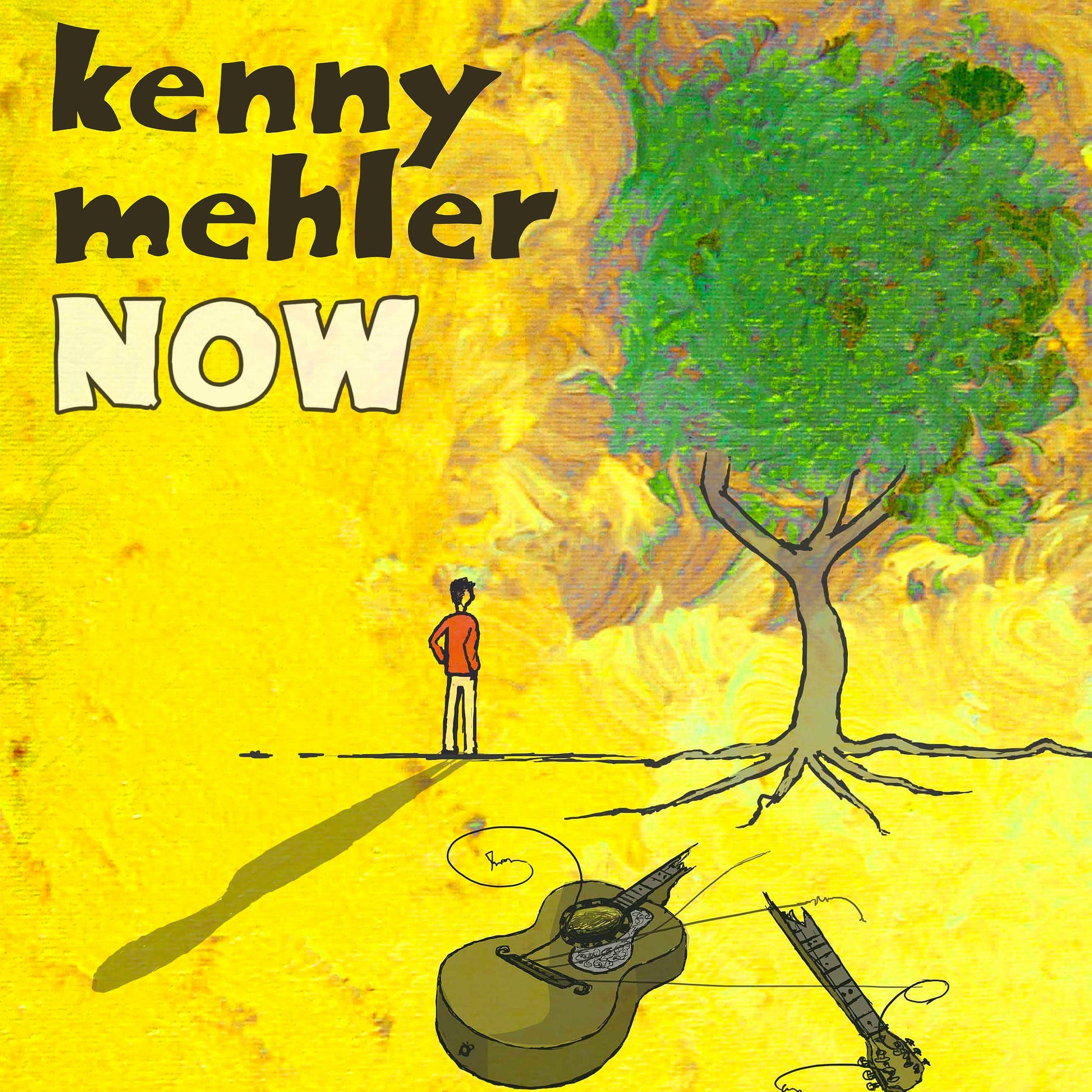 Album cover with a person, tree, and guitar on a yellow background, featuring the text 'kenny mehler NOW'.
