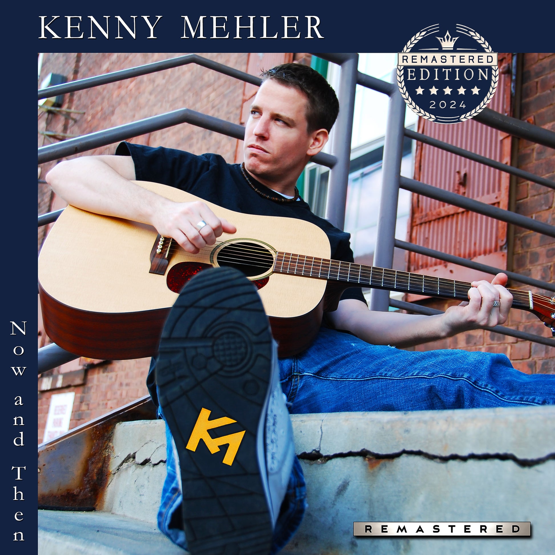 Person playing an acoustic guitar with 'Kenny Mehler' branding on album cover