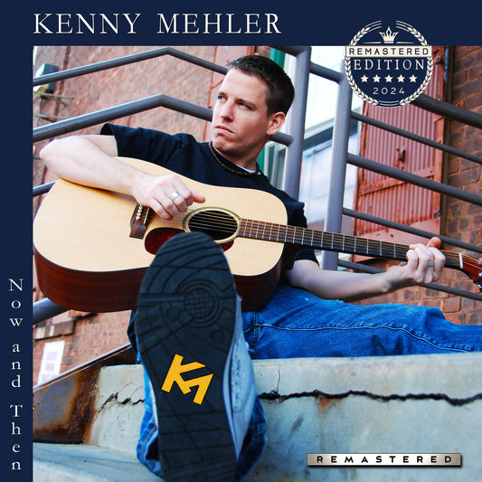 Person playing an acoustic guitar with 'Kenny Mehler' branding on album cover