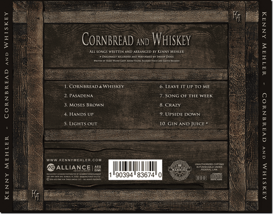 Wooden crate-style album cover with text and a barcode for 'Cornbread and Whiskey' by Kenny Muhler.