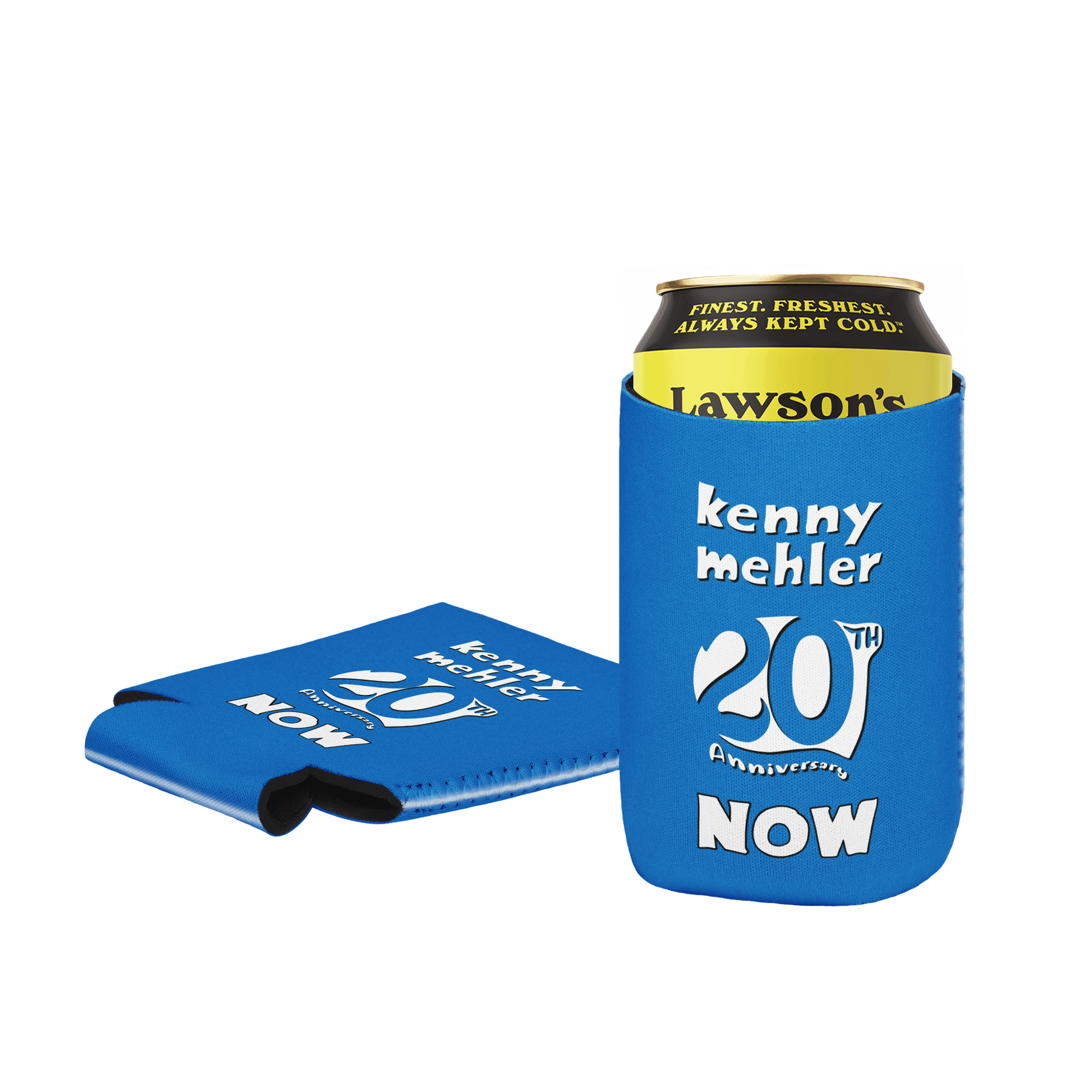 Blue can cooler with 'kenny mehler 20th anniversary NOW' text, featuring a Lawson's branded can inside.