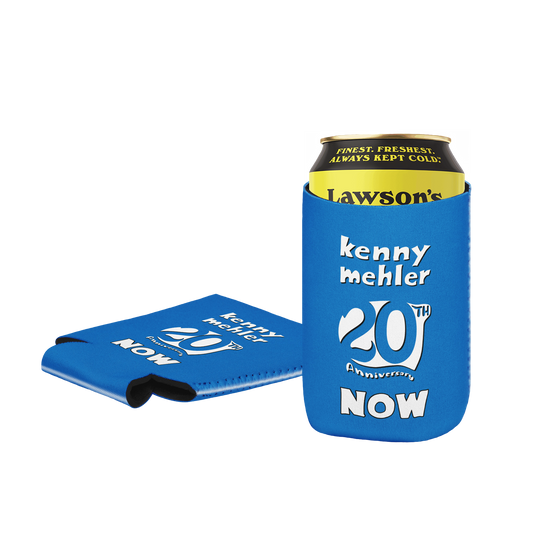 Blue can cooler with 'kenny mehler 20th anniversary NOW' text, featuring a Lawson's branded can inside.