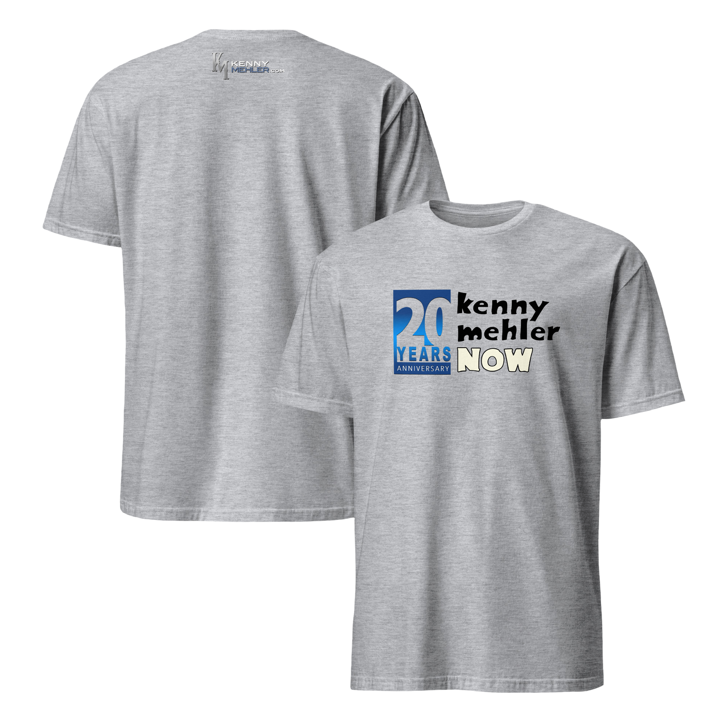Gray t-shirt with 'kenny mehler NOW' and '20 years' text on a white background