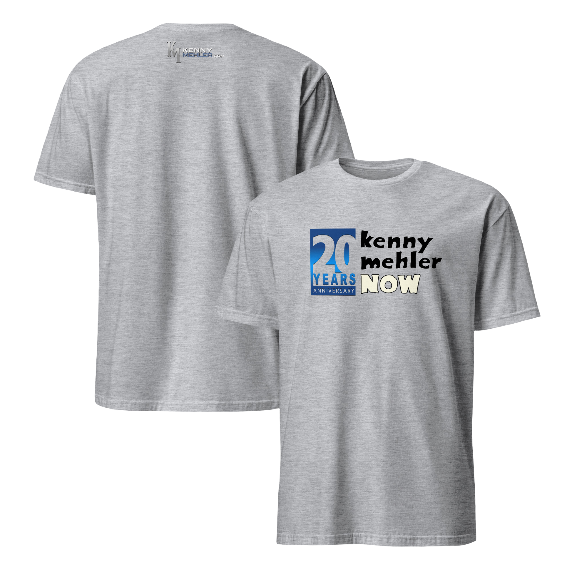 Gray t-shirt with 'kenny mehler NOW' and '20 years' text on a white background