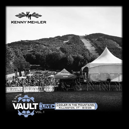 Black and white album cover with a mountain scene and event details.