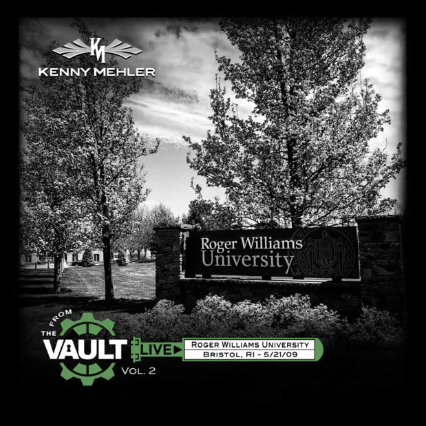 Black and white image of Roger Williams University with Kenny Mehler branding.